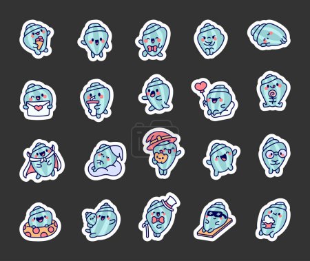 Illustration for Cartoon happy seashell face characters. Sticker Bookmark. Funny aquatic life. Hand drawn style. Vector drawing. Collection of design elements. - Royalty Free Image