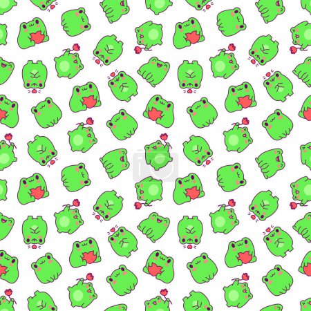 Illustration for Kawaii frog cartoon character. Seamless pattern. Cute reptile animal. Hand drawn style. Vector drawing. Design ornaments. - Royalty Free Image