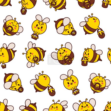Illustration for Cartoon cute bee character. Seamless pattern. Kawaii insect holding honey pot. Hand drawn style. Vector drawing. Design ornaments. - Royalty Free Image