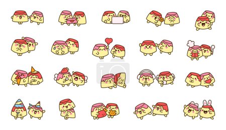 Illustration for Funny couple pudding cartoon characters. Cute kawaii food friends. Hand drawn style. Vector drawing. Collection of design elements. - Royalty Free Image