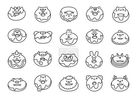 Illustration for Cute kawaii donut with animal face. Coloring Page. Cartoon funny food. Hand drawn style. Vector drawing. Collection of design elements. - Royalty Free Image