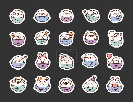 Illustration for Cute kawaii rice and funny bowl. Sticker Bookmark. Adorable food friends. Cartoon character. Hand drawn style. Vector drawing. Collection of design elements. - Royalty Free Image