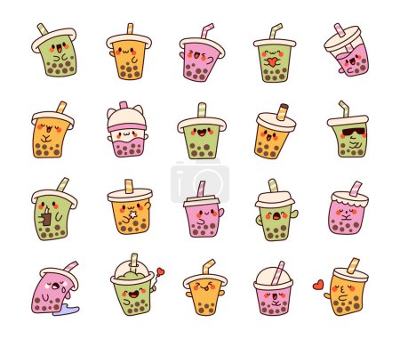 Illustration for Cute kawaii bubble tea. Milk cocktail with tapioca pearls. Boba drink cartoon characters. Hand drawn style. Vector drawing. Collection of design elements. - Royalty Free Image