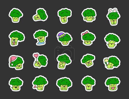 Illustration for Cute kawaii broccoli with funny face. Sticker Bookmark. Adorable cartoon food character. Hand drawn style. Vector drawing. Collection of design elements. - Royalty Free Image
