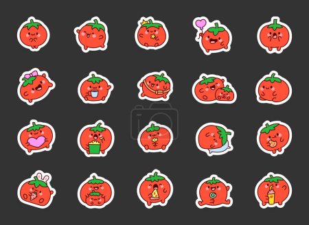 Illustration for Funny smiling tomato character. Sticker Bookmark. Cute vegetable with face. Hand drawn style. Vector drawing. Collection of design elements. - Royalty Free Image