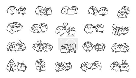 Illustration for Funny couple pudding cartoon characters. Coloring Page. Cute kawaii food friends. Hand drawn style. Vector drawing. Collection of design elements. - Royalty Free Image