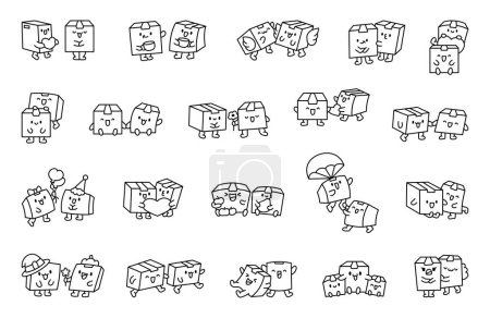 Illustration for Cute couple of delivery boxes. Coloring Page. Parcel character. Hand style. Vector drawing. Collection of design elements. - Royalty Free Image