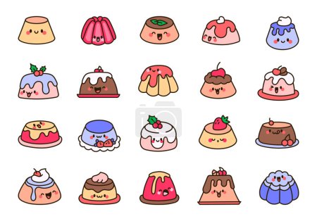 Illustration for Cute kawaii pudding. Happy cake cartoon character. Funny food. Hand drawn style. Vector drawing. Collection of design elements. - Royalty Free Image