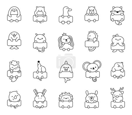 Illustration for Cute kawaii animal with blank web banner template. Coloring Page. Funny cartoon characters with frame. Hand drawn style. Vector drawing. Collection of design elements. - Royalty Free Image