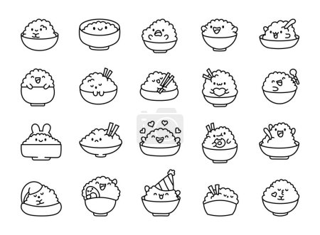 Niedliche Kawaii-Reisschale mit lustigem Gesicht. Malvorlagen. Chinesisches Essen Cartoon-Figur. Handgezeichneter Stil. Vektorzeichnung. Sammlung von Gestaltungselementen.