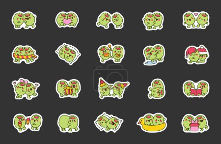 Illustration for Happy olives friends. Sticker Bookmark. Vegetable hugging and sitting together. Hand drawn style. Vector drawing. Collection of design elements. - Royalty Free Image