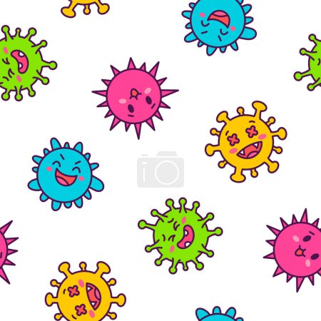 Illustration for Viruses kawaii. Seamless pattern. Cute cartoon characters of bacterial infection and microbe. Hand drawn style. Vector drawing. Design ornaments. - Royalty Free Image