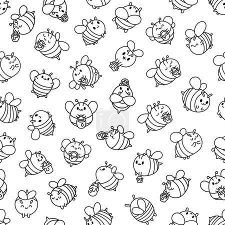 Illustration for Cartoon cute bee character. Seamless pattern. Coloring Page. Kawaii insect holding honey pot. Hand drawn style. Vector drawing. Design ornaments. - Royalty Free Image