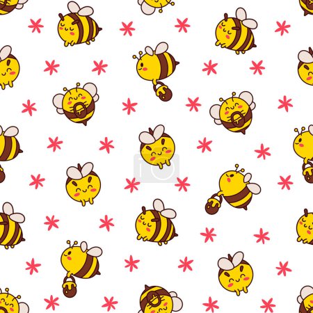 Ilustración de Caricatura lindo personaje de abeja. Patrón sin costuras. Insecto Kawaii sosteniendo la olla de miel. Estilo dibujado a mano. Dibujo vectorial. Adornos de diseño. - Imagen libre de derechos