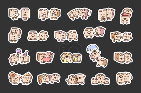 Illustration for Cute couple of delivery boxes. Sticker Bookmark. Parcel character. Hand style. Vector drawing. Collection of design elements. - Royalty Free Image