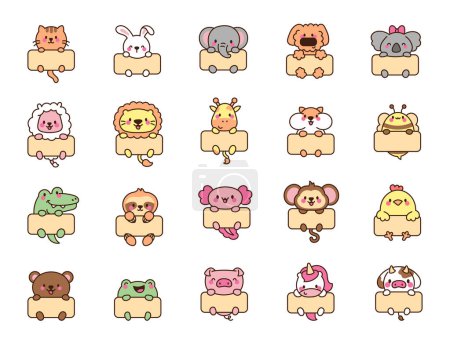 Illustration for Cute kawaii animal with blank web banner template. Funny cartoon characters with frame. Hand drawn style. Vector drawing. Collection of design elements. - Royalty Free Image