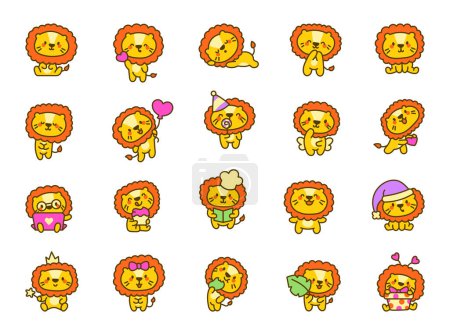Illustration for Cute kawaii lion with happy face. Animal cartoon characters. Hand drawn style. Vector drawing. Collection of design elements. - Royalty Free Image