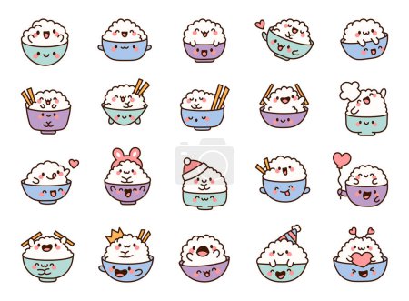 Illustration for Cute kawaii rice and funny bowl. Adorable food friends. Cartoon character. Hand drawn style. Vector drawing. Collection of design elements. - Royalty Free Image