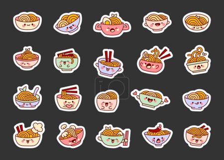 Illustration for Cute kawaii bowl of noodles. Sticker Bookmark. Ramen food cartoon character. Hand drawn style. Vector drawing. Collection of design elements. - Royalty Free Image
