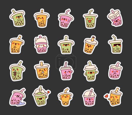 Illustration for Cute kawaii bubble tea. Sticker Bookmark. Milk cocktail with tapioca pearls. Boba drink cartoon characters. Hand drawn style. Vector drawing. Collection of design elements. - Royalty Free Image