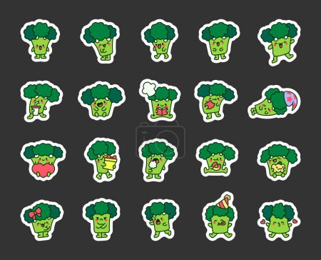 Illustration for Cute kawaii broccoli character. Sticker Bookmark. Funny cartoon food. Hand drawn style. Vector drawing. Collection of design elements. - Royalty Free Image