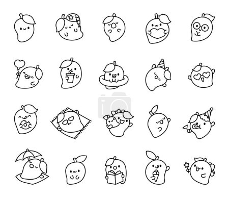Illustration for Cute kawaii mango with funny face. Coloring Page. Cartoon fruit character. Hand drawn style. Vector drawing. Collection of design elements. - Royalty Free Image