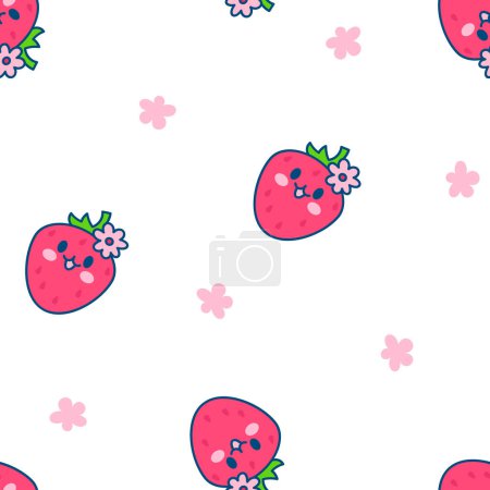 Illustration for Cute happy strawberry character emoticon. Seamless pattern. Kawaii cartoon fruit. Hand drawn style. Vector drawing. Design ornaments. - Royalty Free Image