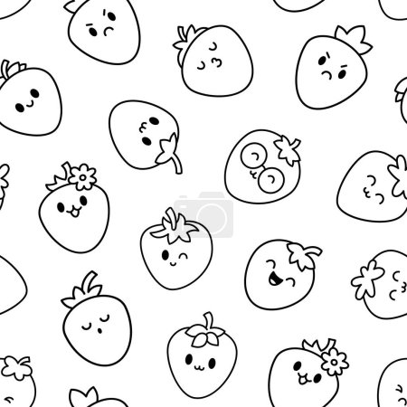 Illustration for Cute happy strawberry character emoticon. Seamless pattern. Coloring Page. Kawaii cartoon fruit. Hand drawn style. Vector drawing. Design ornaments. - Royalty Free Image