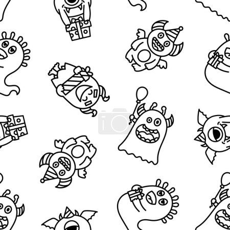 Illustration for Kawaii cute party monsters. Seamless pattern. Coloring Page. Happy birthday gifts, funny alien, greeting cake. Hand drawn style. Vector drawing. Design ornaments. - Royalty Free Image