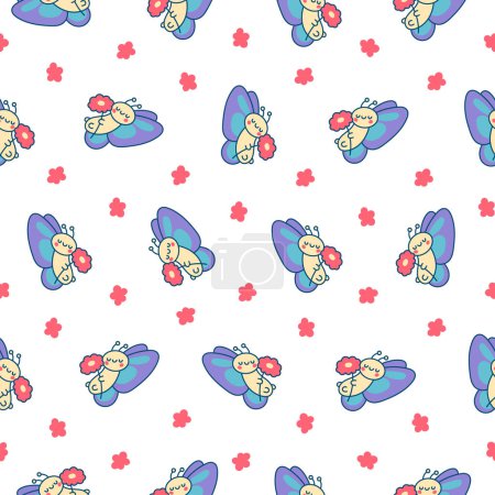 Illustration for Adorable kawaii baby butterflies. Seamless pattern. Cute cartoon insects with wings. Hand drawn style. Vector drawing. Design ornaments. - Royalty Free Image