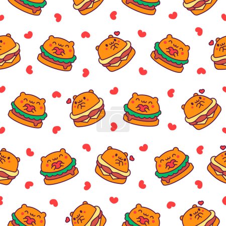 Illustration for Cute kawaii animal burger. Seamless pattern. Funny food. Cartoon cheeseburger. Hand drawn style. Vector drawing. Design ornaments. - Royalty Free Image