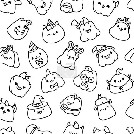 Illustration for Cute kawaii Halloween pumpkin. Seamless pattern. Coloring Page. Holidays cartoon character. Monsters faces. Hand drawn style. Vector drawing. Design ornaments. - Royalty Free Image