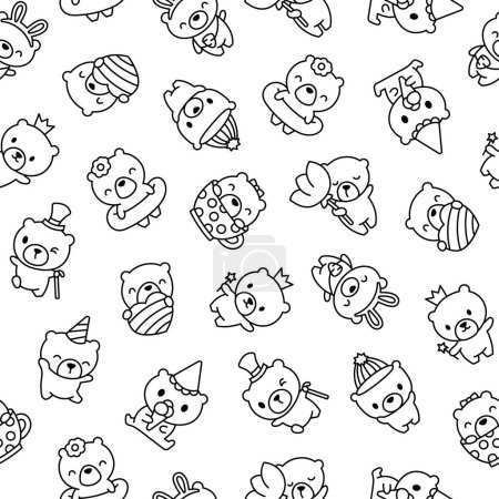 Illustration for Cute kawaii teddy bear. Seamless pattern. Coloring Page. Cartoon funny animals character. Hand drawn style. Vector drawing. Design ornaments. - Royalty Free Image