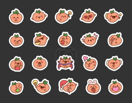 Illustration for Cute kawaii peach with a smile. Sticker Bookmark. Cartoon character. Hand drawn style. Vector drawing. Collection of design elements. - Royalty Free Image