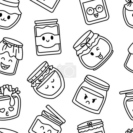 Illustration for Cute kawaii honey jar. Seamless pattern. Coloring Page. Glass pot character. Hand drawn style. Vector drawing. Design ornaments. - Royalty Free Image