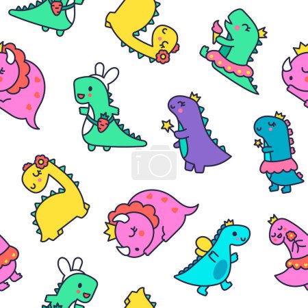 Illustration for Funny cute girls dinosaurs. Seamless pattern. Kawaii baby dino princess character. Hand drawn style. Vector drawing. Design ornaments. - Royalty Free Image