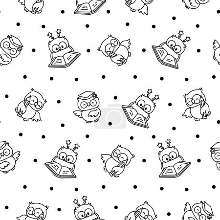 Illustration for Cartoon happy owl characters. Seamless pattern. Coloring Page. Cute kawaii forest birds. Hand drawn style. Vector drawing. Design ornaments. - Royalty Free Image
