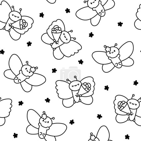Illustration for Adorable kawaii baby butterflies. Seamless pattern. Coloring Page. Cute cartoon insects with wings. Hand drawn style. Vector drawing. Design ornaments. - Royalty Free Image