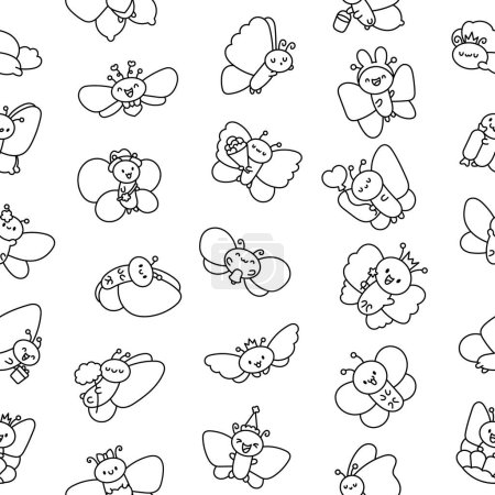 Illustration for Adorable kawaii baby butterflies. Seamless pattern. Coloring Page. Cute cartoon insects with wings. Hand drawn style. Vector drawing. Design ornaments. - Royalty Free Image