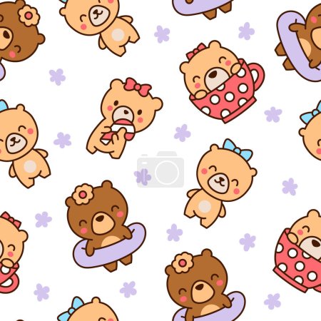 Illustration for Cute kawaii teddy bear. Seamless pattern. Cartoon funny animals character. Hand drawn style. Vector drawing. Design ornaments. - Royalty Free Image