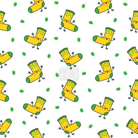 Illustration for Cute happy sock cartoon character. Seamless pattern. Fashion woolen underwear, textile accessories. Hand drawn style. Vector drawing. Design ornaments. - Royalty Free Image