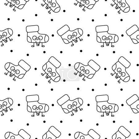 Illustration for Cute happy sock cartoon character. Seamless pattern. Coloring Page. Fashion woolen underwear, textile accessories. Hand drawn style. Vector drawing. Design ornaments. - Royalty Free Image