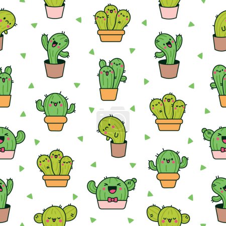 Illustration for Cute kawaii cactus. Seamless pattern. Funny succulent plant with happy face. Hand drawn style. Vector drawing. Design ornaments. - Royalty Free Image