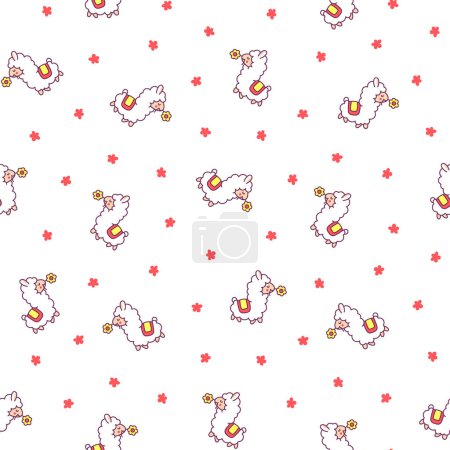 Illustration for Beautiful alpaca cartoon character. Seamless pattern. Cute kawaii animal. Hand drawn style. Vector drawing. Design ornaments. - Royalty Free Image