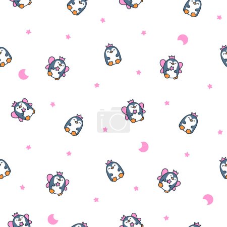 Illustration for Cute kawaii penguin. Seamless pattern. Beautiful animals cartoon character. Hand drawn style. Vector drawing. Design ornaments. - Royalty Free Image