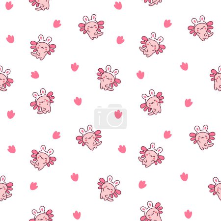 Illustration for Cute kawaii little axolotl. Seamless pattern. Smiling nice cartoon animal character. Hand drawn style. Vector drawing. Design ornaments. - Royalty Free Image