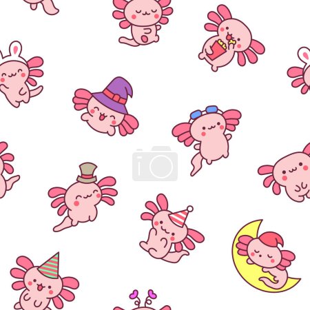 Illustration for Cute kawaii little axolotl. Seamless pattern. Smiling nice cartoon animal character. Hand drawn style. Vector drawing. Design ornaments. - Royalty Free Image