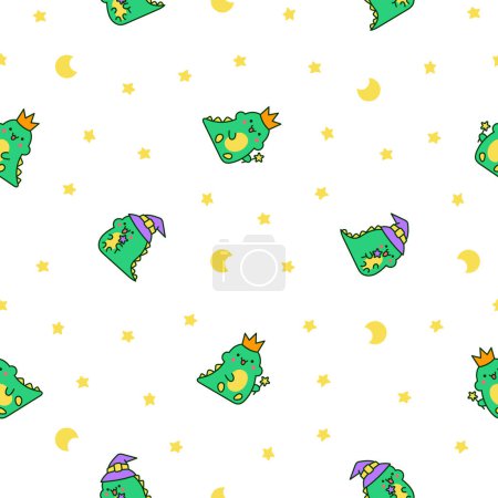 Illustration for Cute kawaii baby dragon. Seamless pattern. Funny little dinosaur cartoon character. Hand drawn style. Vector drawing. Design ornaments. - Royalty Free Image