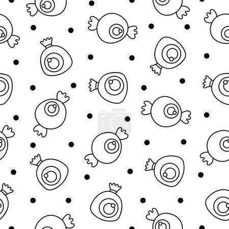 Illustration for Sugar Halloween sweet candies. Seamless pattern. Coloring Page. Funny food. Cartoon caramel suckers. Hand drawn style. Vector drawing. Design ornaments. - Royalty Free Image