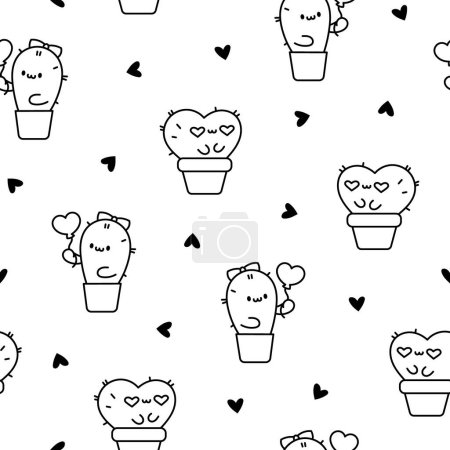 Illustration for Cute kawaii cactus. Seamless pattern. Coloring Page. Funny succulent plant with happy face. Hand drawn style. Vector drawing. Design ornaments. - Royalty Free Image